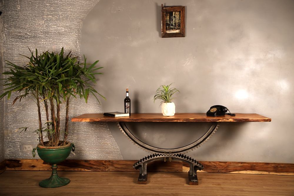 Industrial Live Edge Console Table with Gear Base