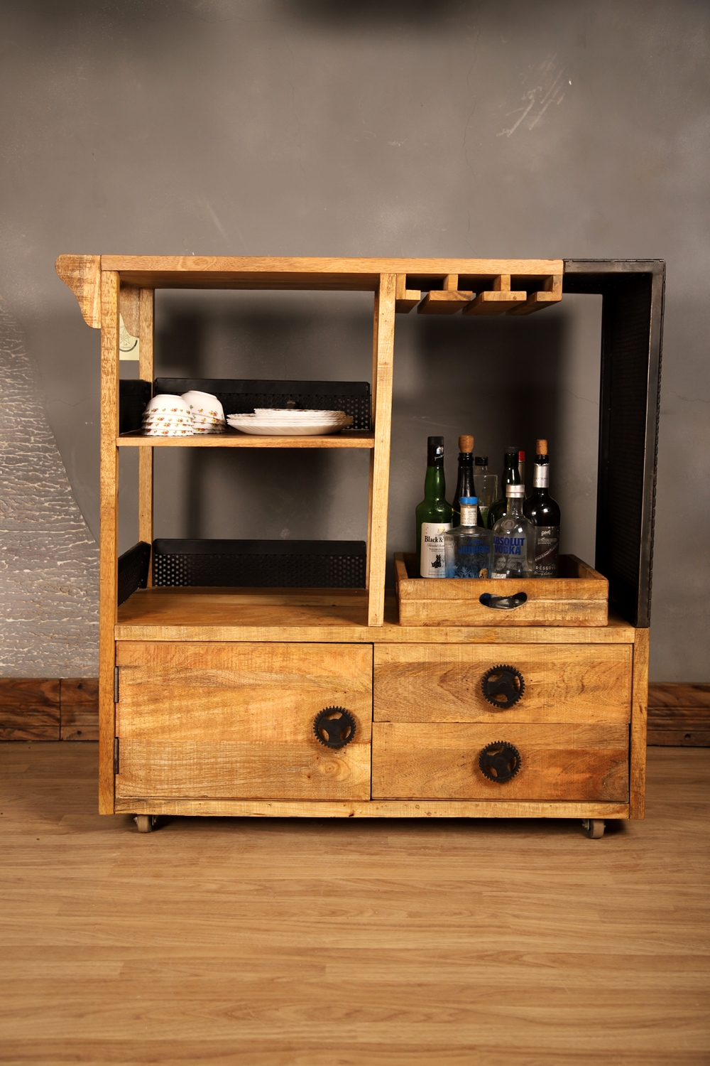Industrial Wooden Bar Cabinet Console