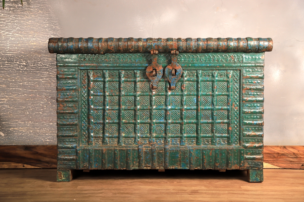 Antique Handcrafted Wooden Storage Trunk