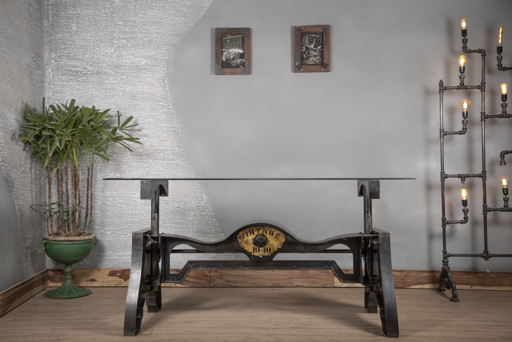 Industrial Glass Top Dining Table