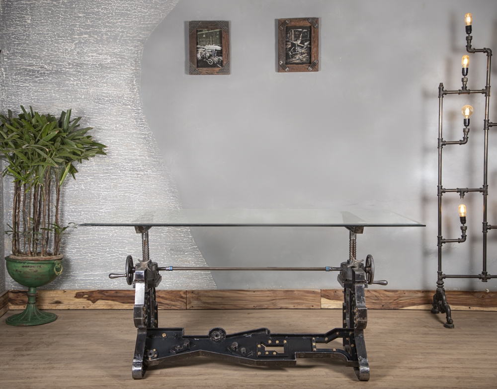 Industrial Adjustable Glass Top Table
