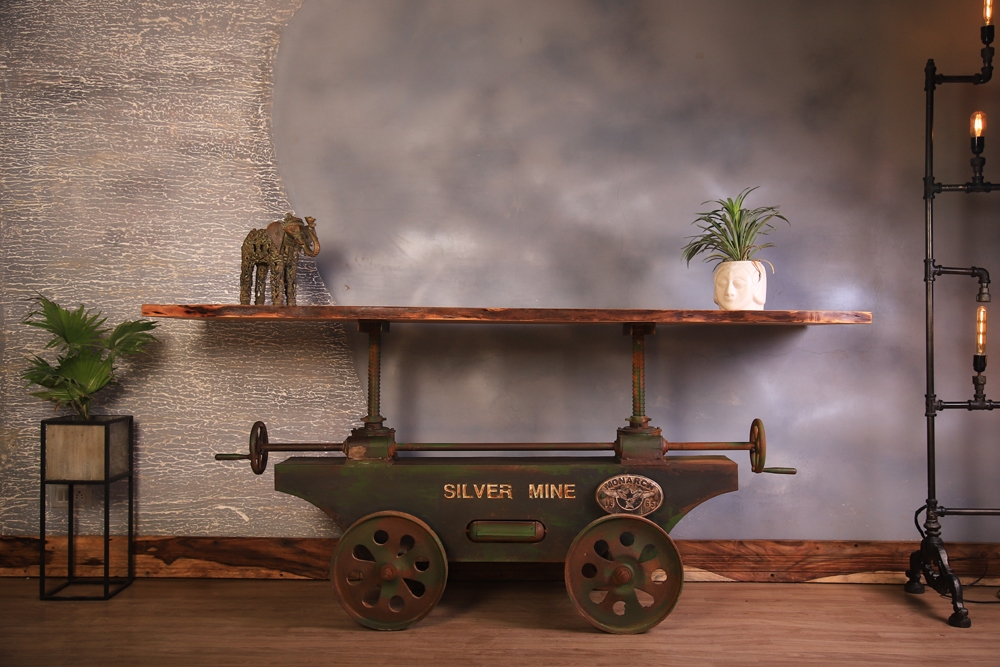 Industrial Live Edge Console Table with Vintage Cart Base