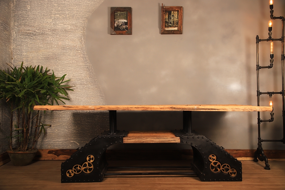Industrial Live Edge Center Table with Gear Detailing
