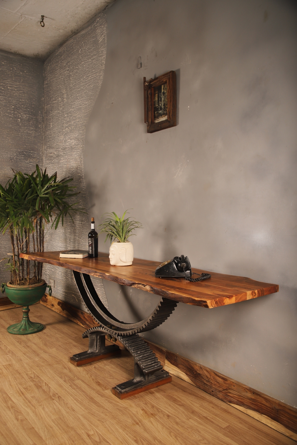 Industrial Live Edge Console Table with Gear Base