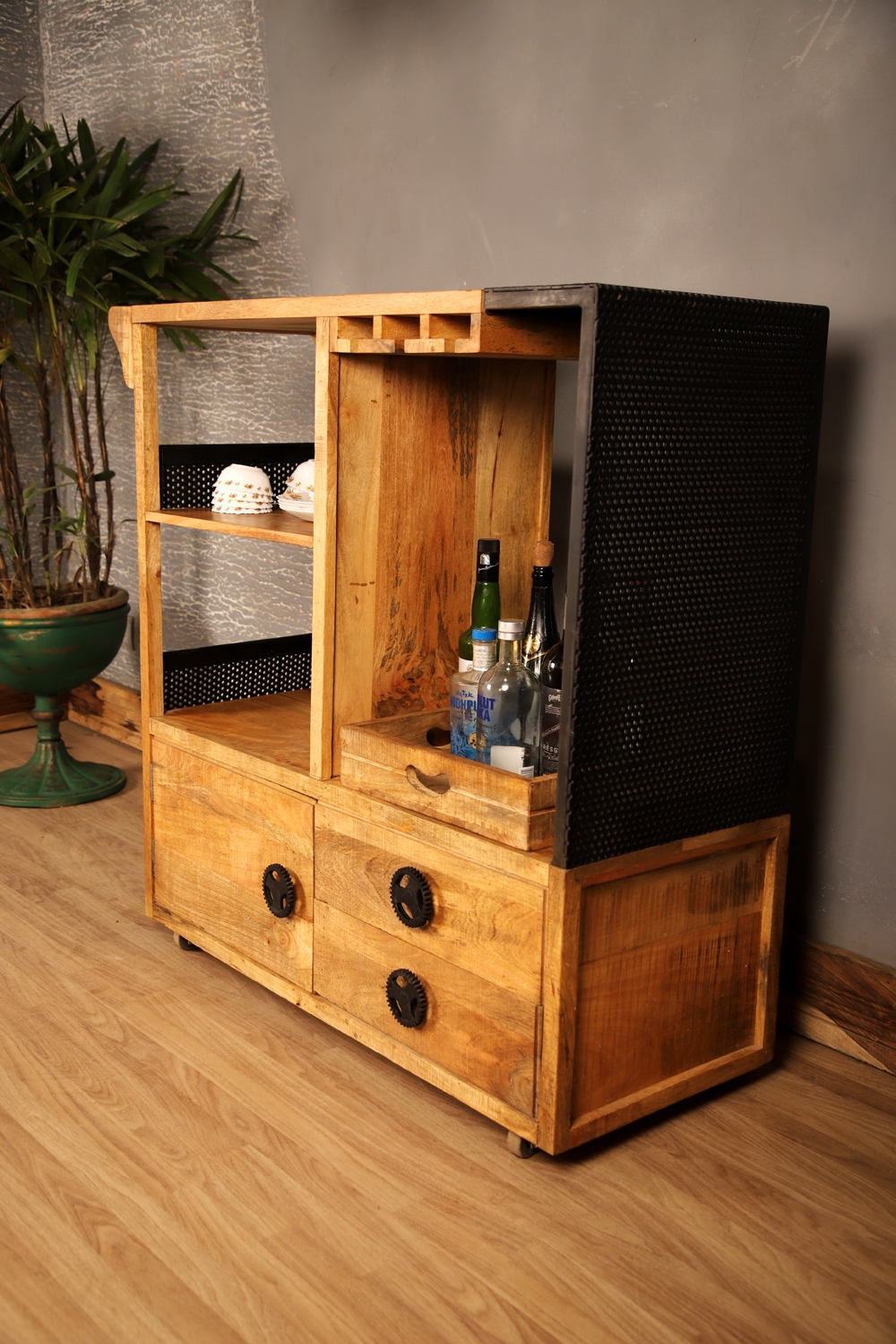 Industrial Wooden Bar Cabinet Console