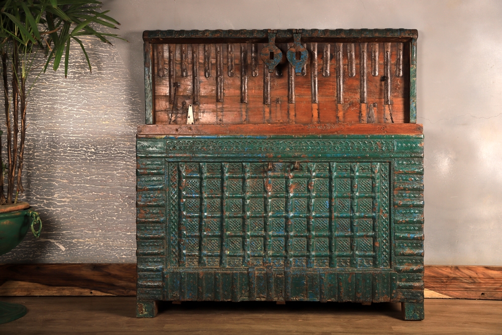 Antique Handcrafted Wooden Storage Trunk