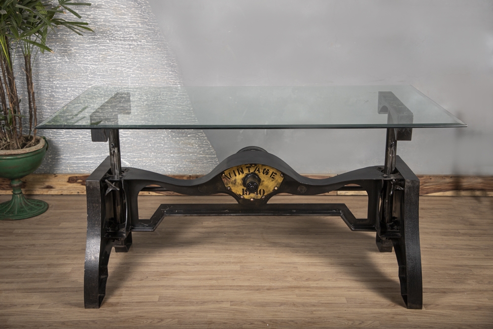 Industrial Glass Top Dining Table