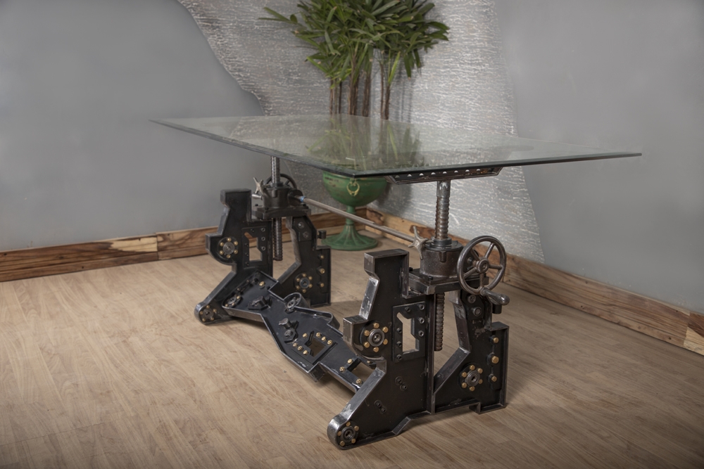 Industrial Adjustable Glass Top Table