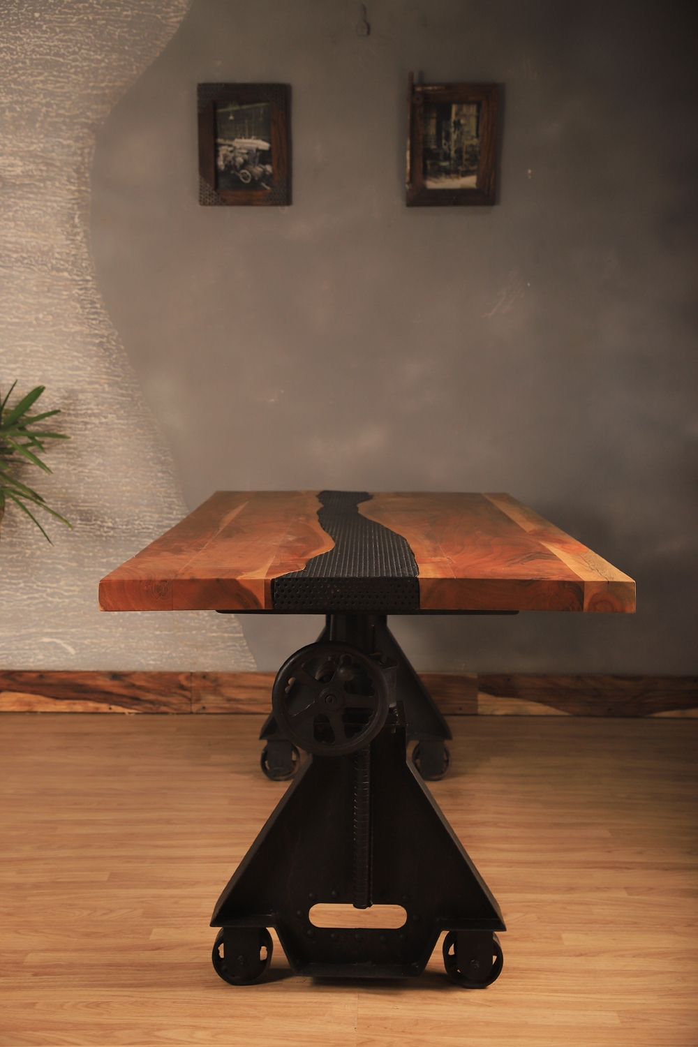 Industrial Live Edge Dining Table with Adjustable Metal Base